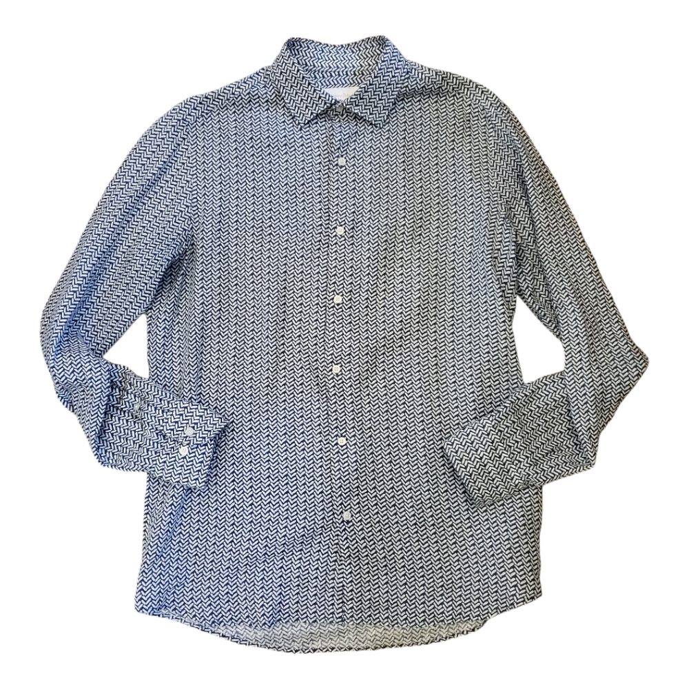 Massimo Dutti Mens Shirt M 100% Linen  Blue Patterned Long Sleeve Button